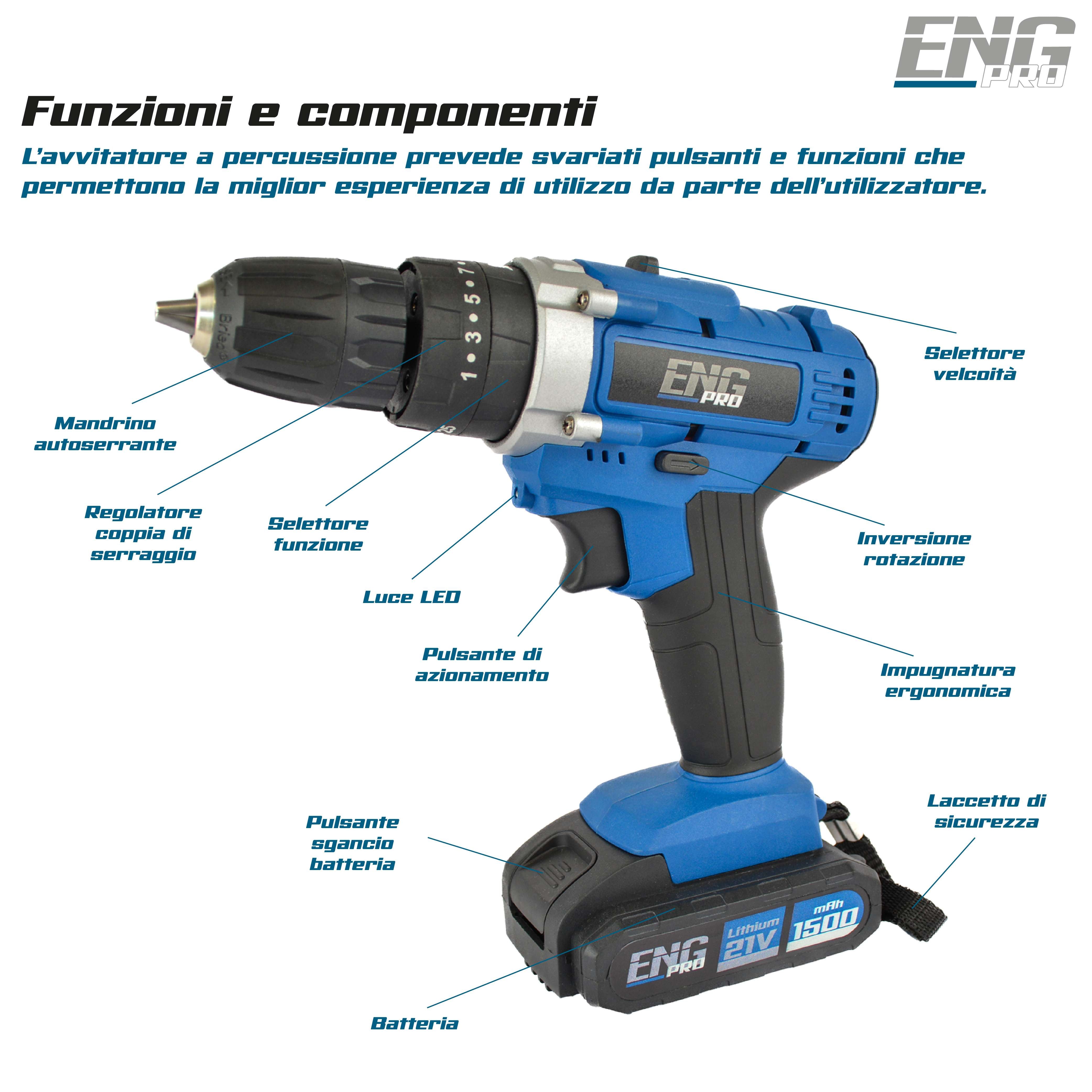 Trapano avvitatore foratura a percussione 21V +27 accessori - ENG PRO UM ET AB21