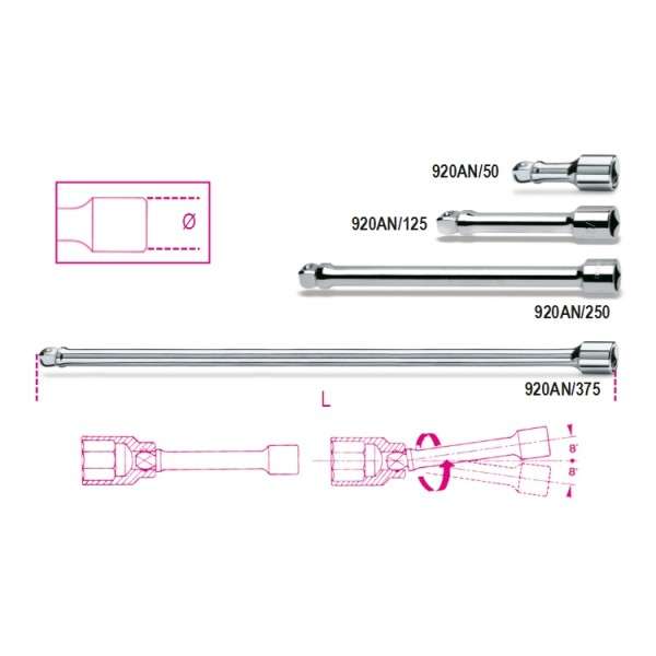 Prolunga con attacchi quadri maschio e femmina 1/2" angolari, L.50mm - Beta 920AN/50