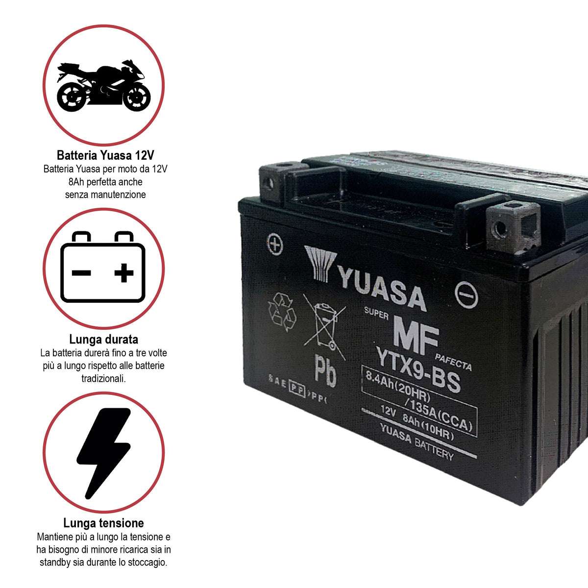 Batteria per moto e scooter sigillata con acido incluso 12V 8Ah - YUASA YTX9-BS