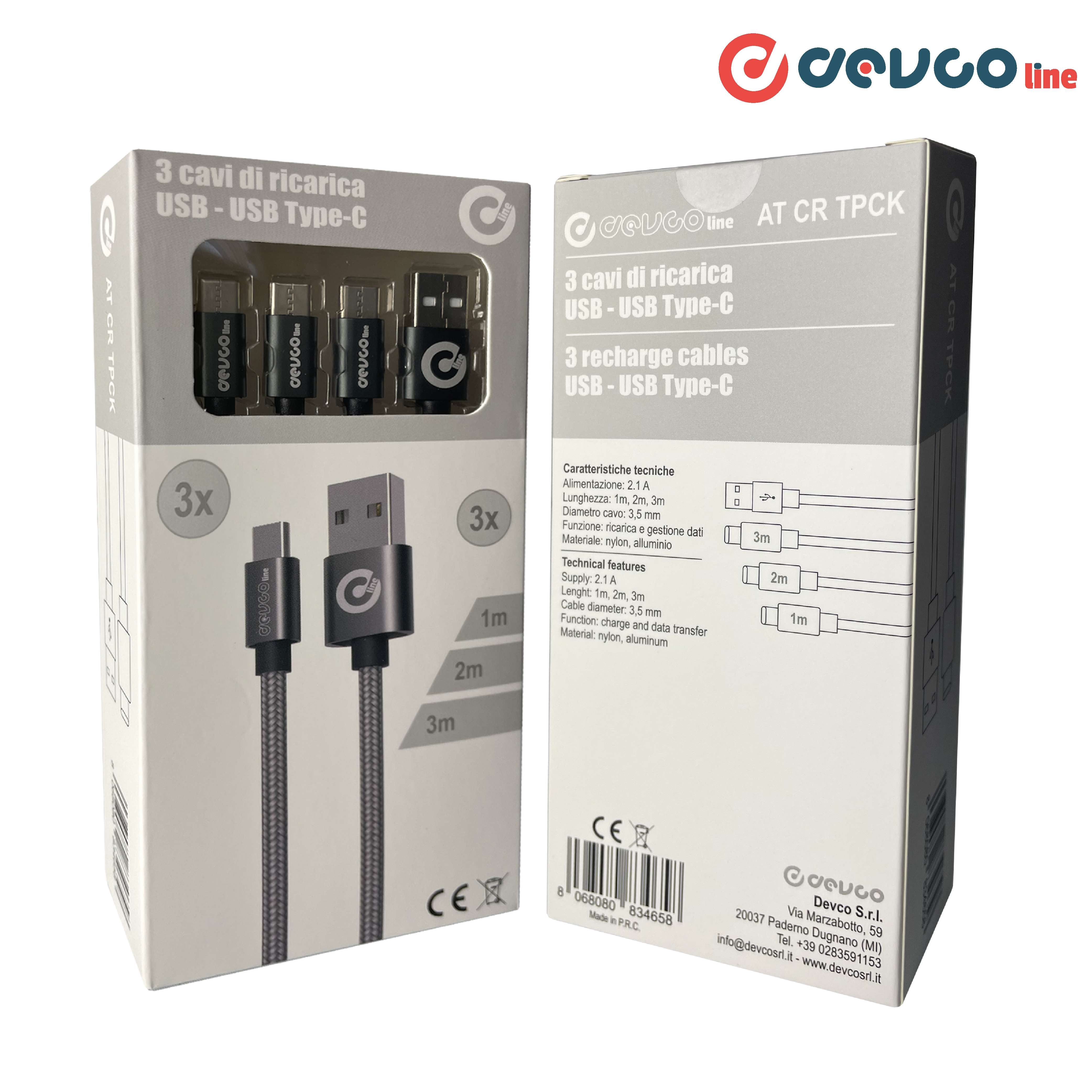 Kit set di 3 cavi USB (1, 2, 3)m cavo ricarica USB-A/USB-C DEVCOline AT CR TPCK