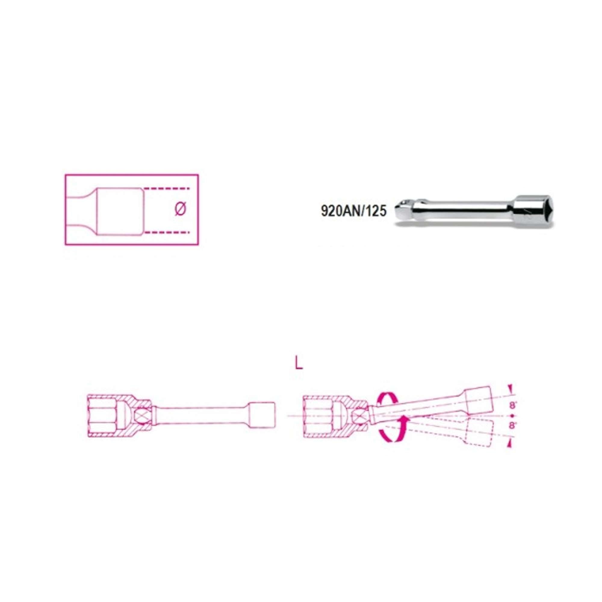 Prolunga Angolare L.125mm con attacchi quadri maschio e femmina 1/2" 09200834 BETA