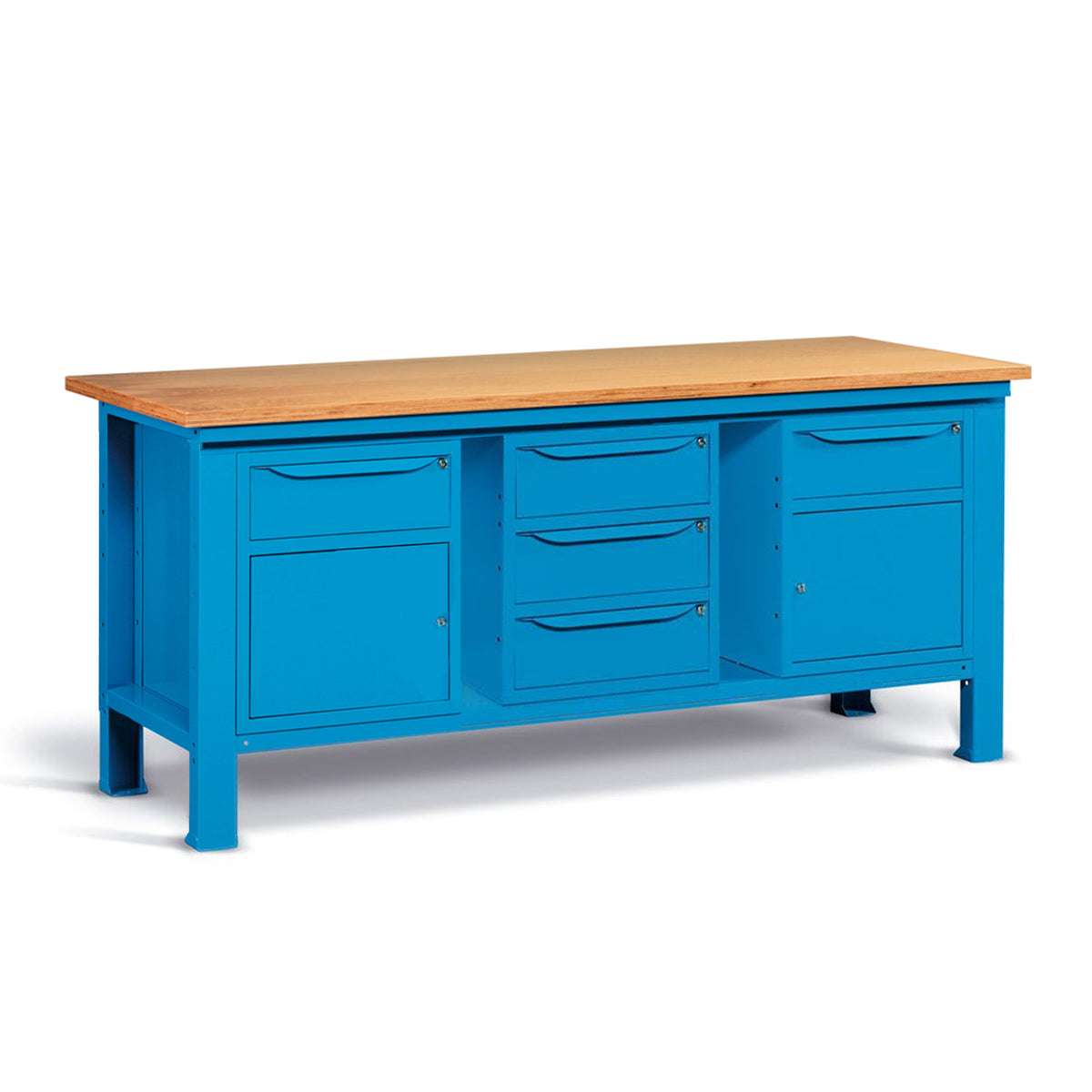 Banco da lavoro per officina piano in legno 2000 X 750 X 880 H - 2 armadi 1 cassetto 1 porta + 1 armadio 3 cassetti - FAMI - Blu