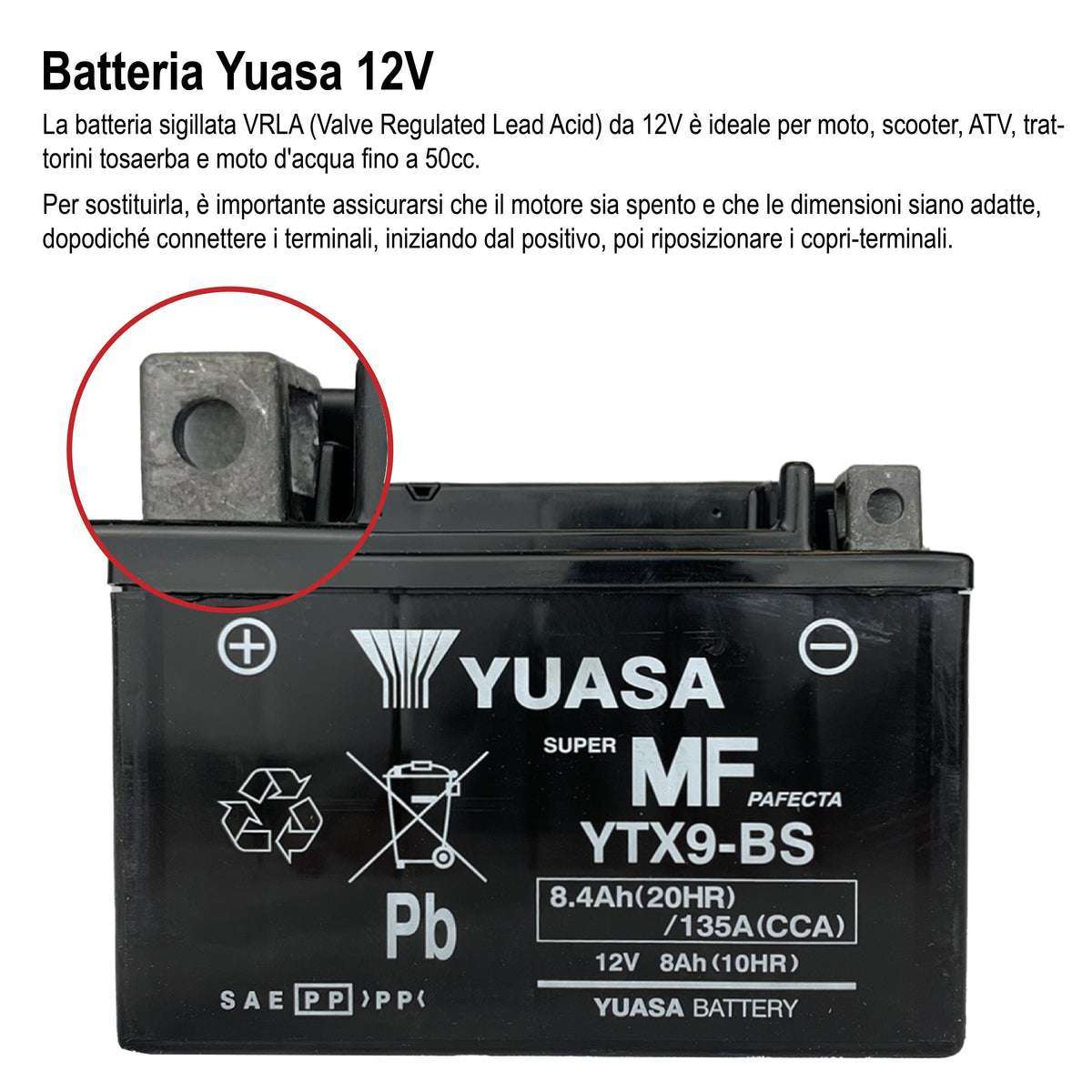 Batteria per moto e scooter sigillata con acido incluso 12V 8Ah - YUASA YTX9-BS