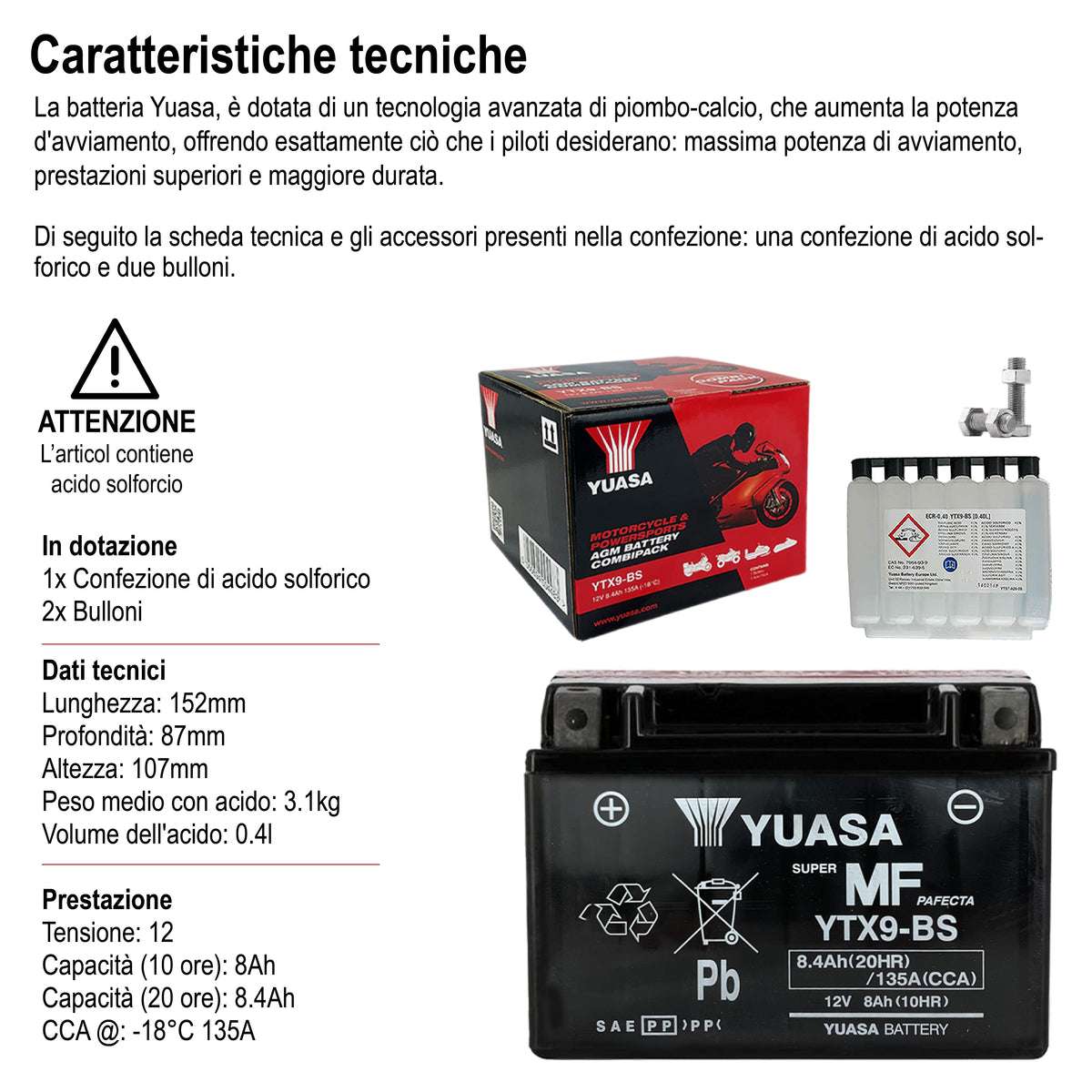 Batteria per moto e scooter sigillata con acido incluso 12V 8Ah - YUASA YTX9-BS